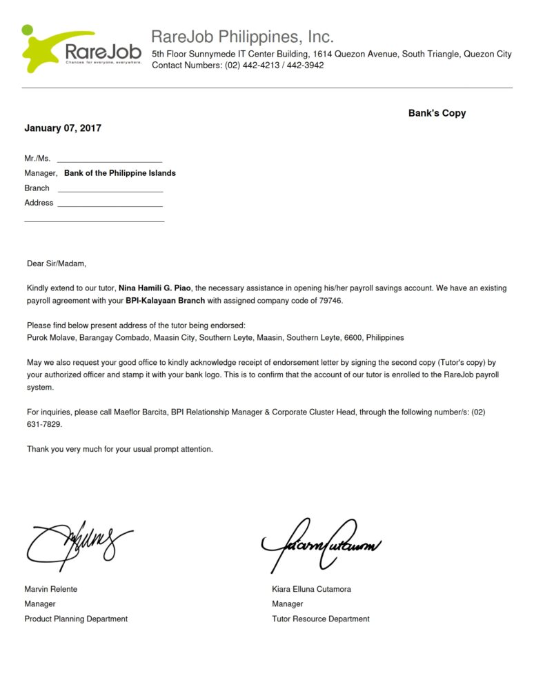 Philippines RareJob Inc Bank Endorsement Letter Word And PDF Template 2 Pages
