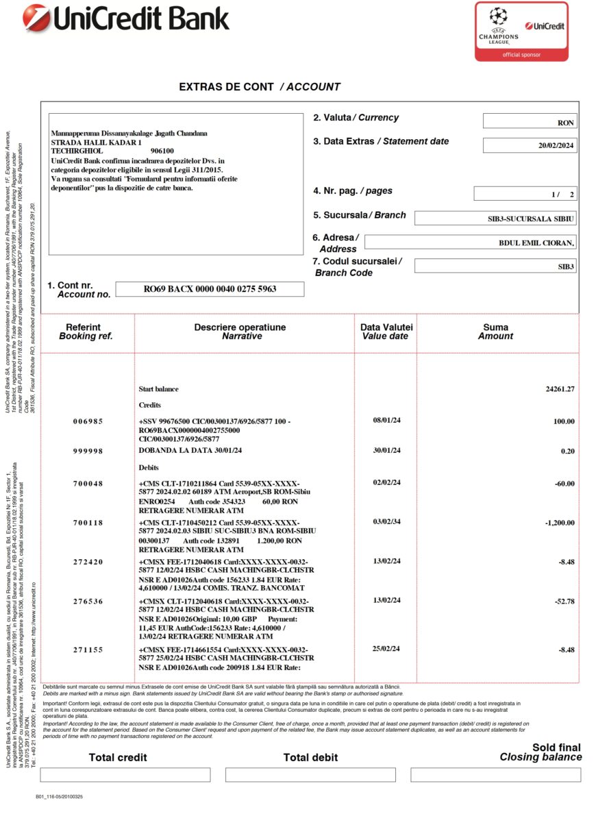 Romania UniCredit Bank Account Statement Word And PDF Template