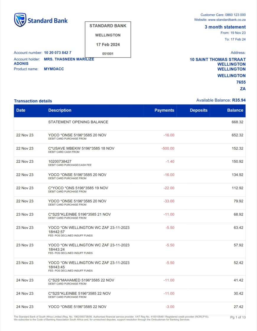 South Africa Standard Bank Statement Word And PDF Template 13 Pages