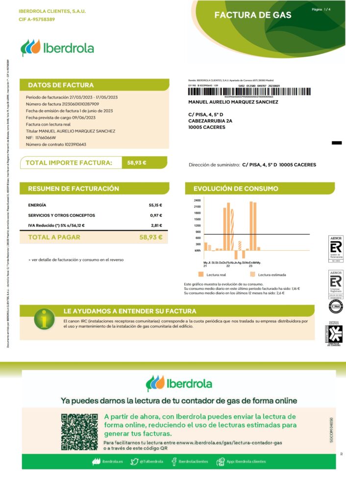 Spain Iberdrola Gas Bill Word And PDF Template 4 Pages