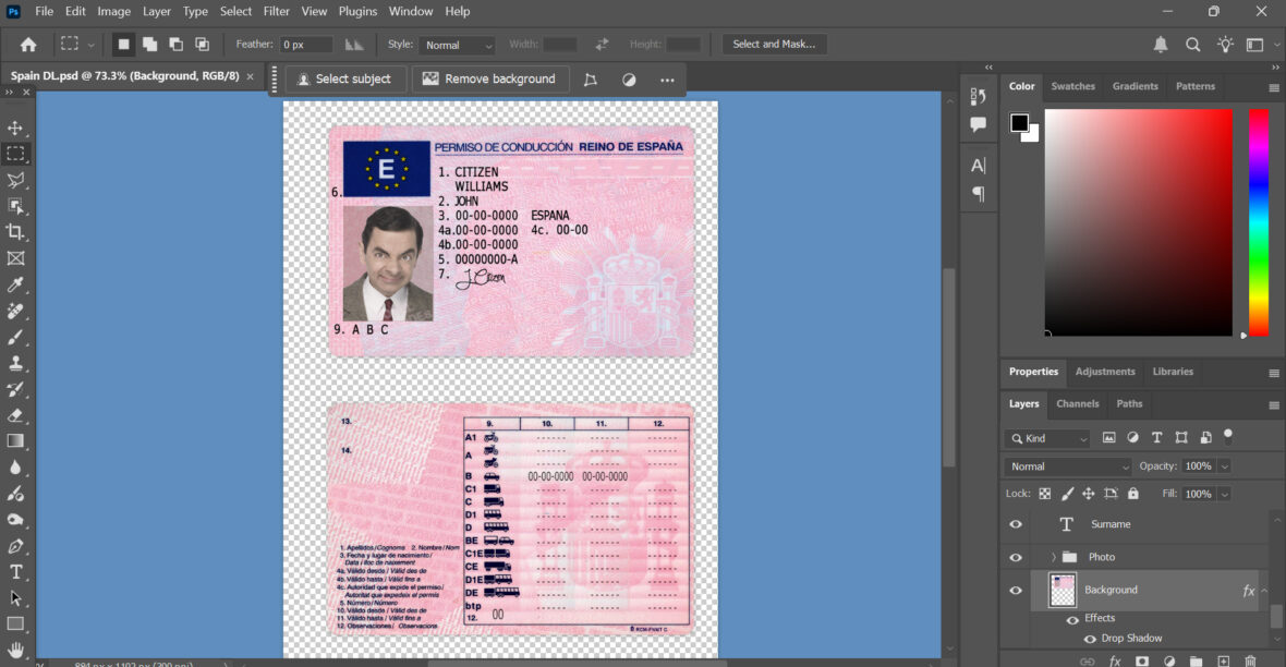 Spain driving license template in PSD format