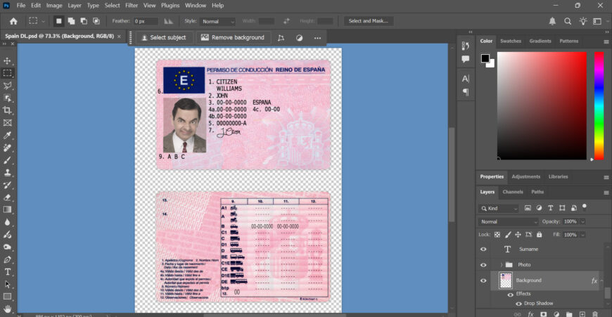 Spain driving license template in PSD format