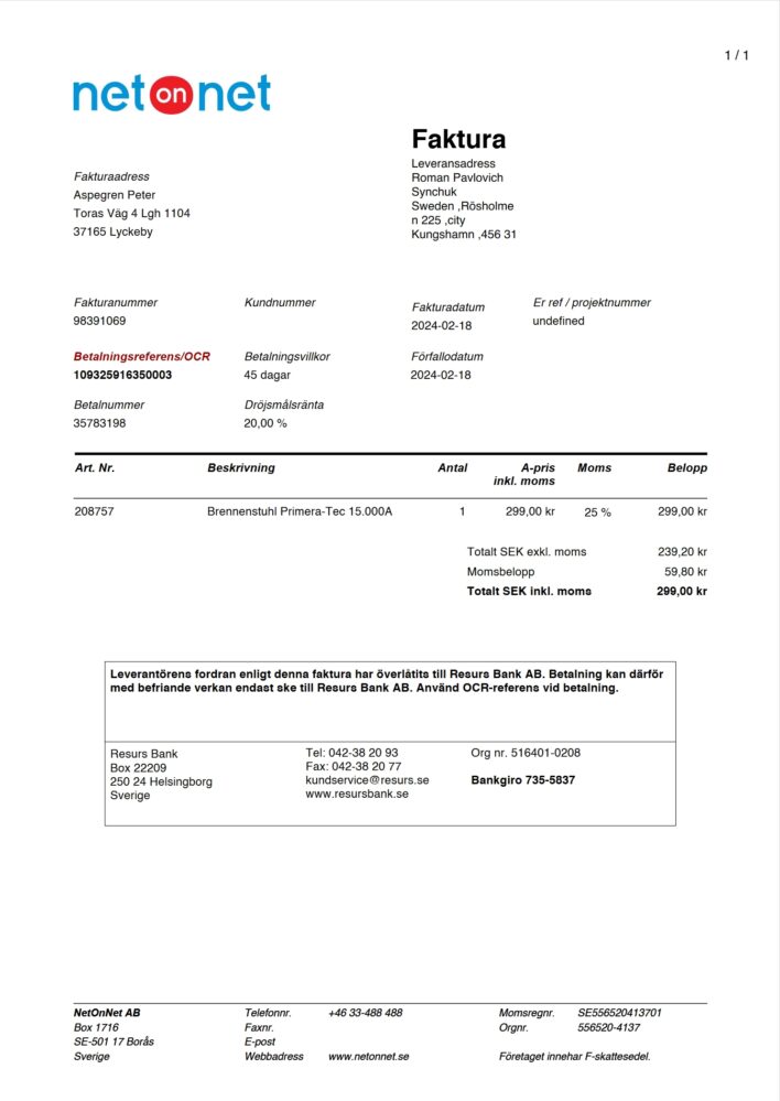 Sweden NetOnNet Invoice Template in Word And PDF Format