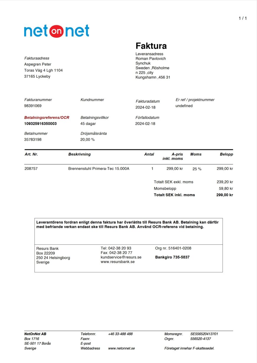 Sweden NetOnNet Invoice Template in Word And PDF Format