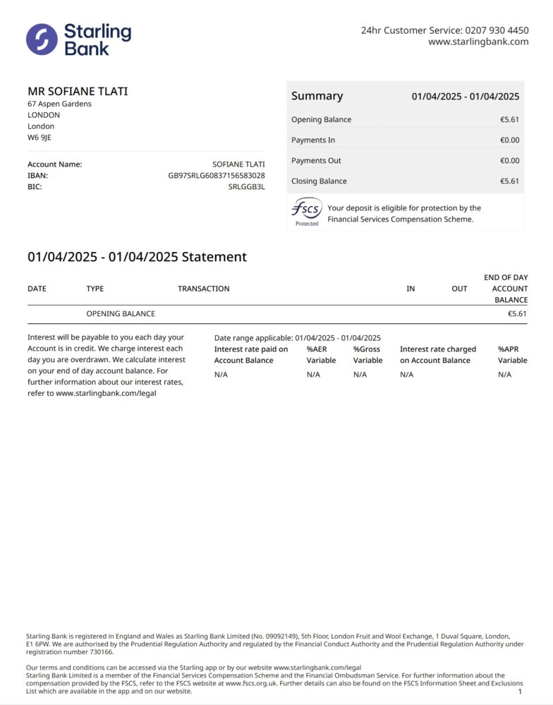 UK Starling Bank Euro Current Account Statement Word And PDF Template