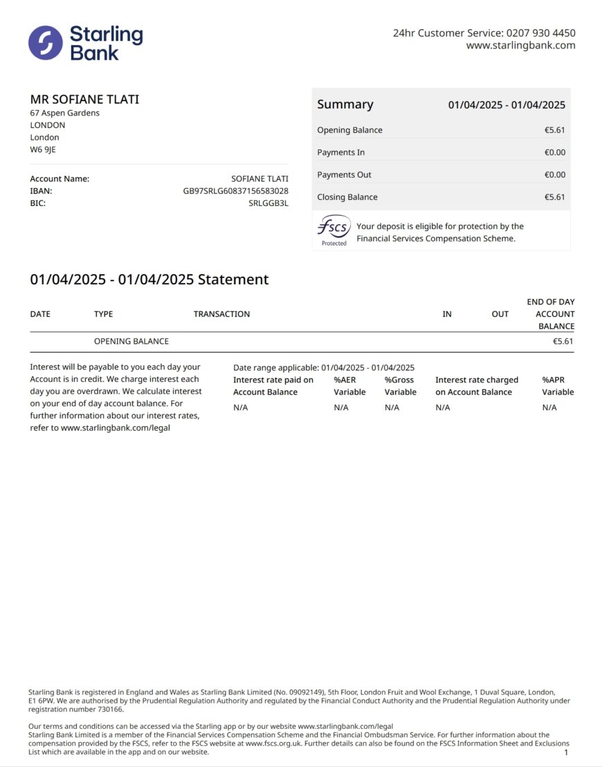 UK Starling Bank Euro Current Account Statement Word And PDF Template