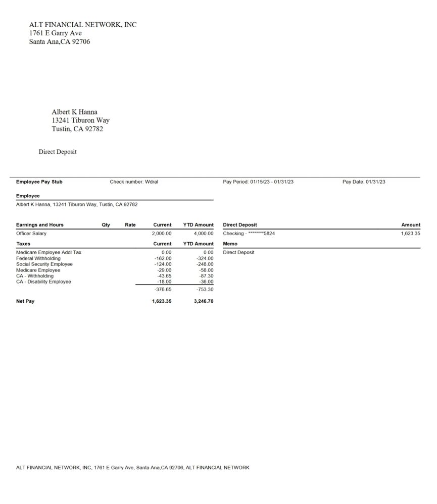 USA ALT FINANCIAL NETWORK INC PayStub Word And PDF Template 3 Pages