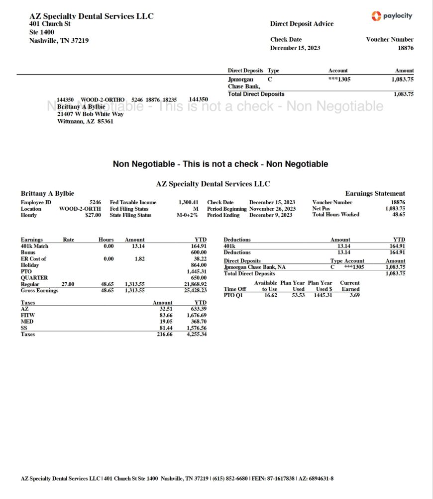 USA AZ Specialty Dental Services LLC Paystub Word And PDF Template 2 Pages