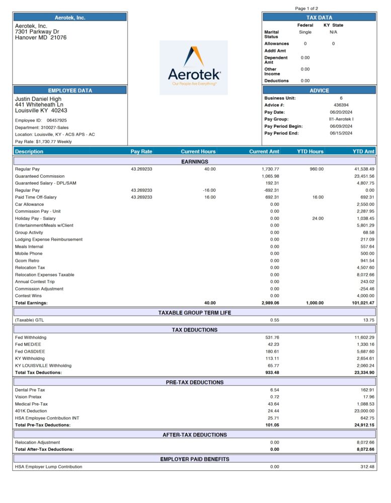 USA Aerotek PayStub Template in Word And PDF Format 12 Pages