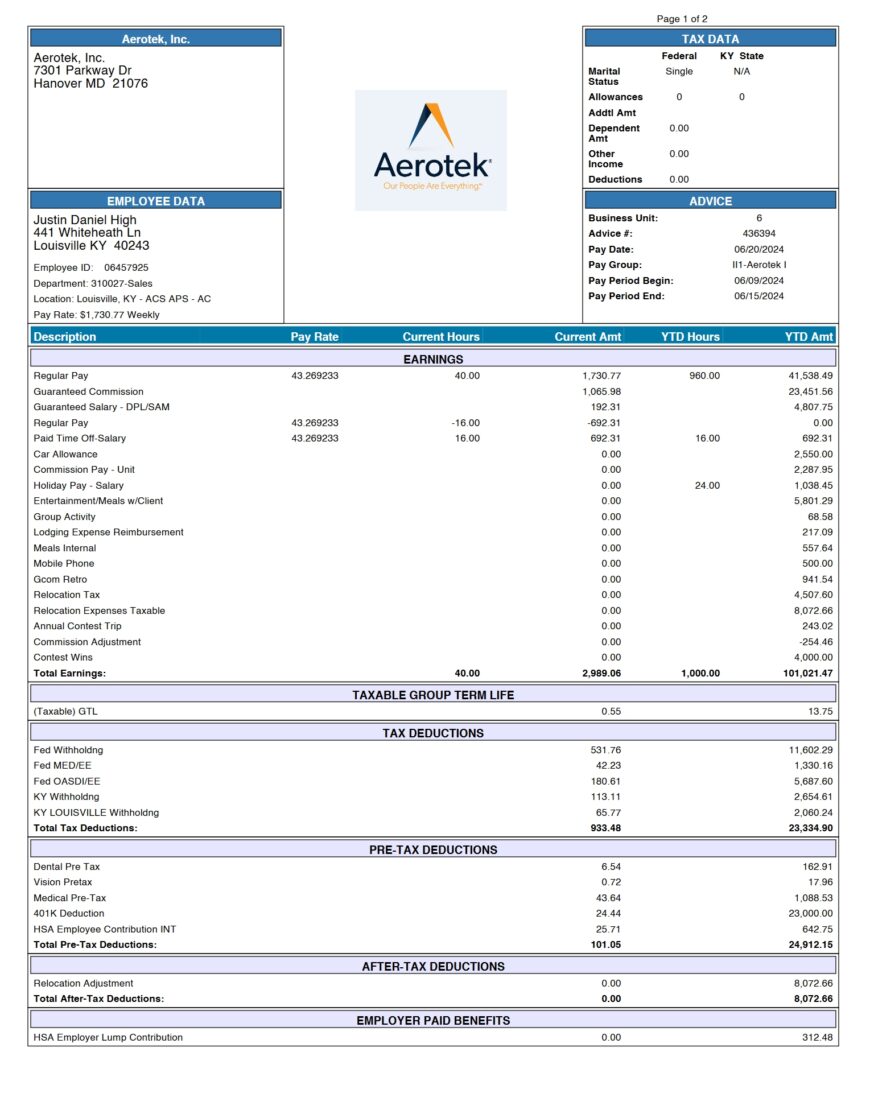 USA Aerotek PayStub Template in Word And PDF Format 12 Pages