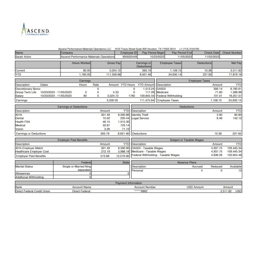 USA Ascend Performance Materials Operations PayStub Word And PDF Template 2 Pages