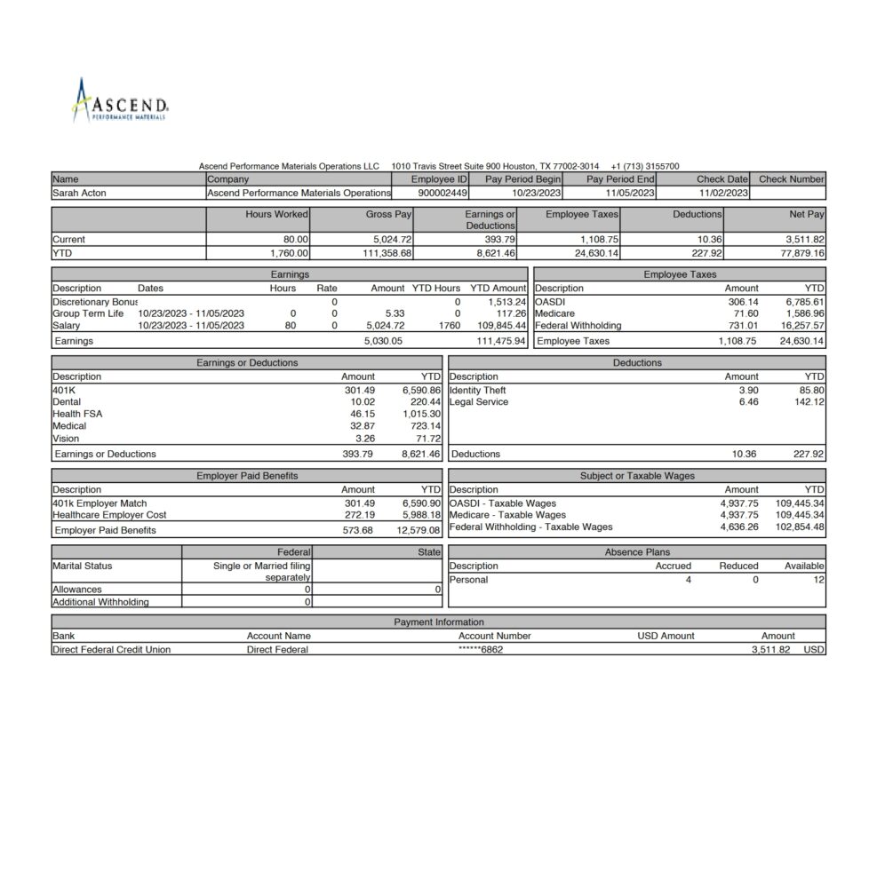 USA Ascend Performance Materials Operations PayStub Word And PDF Template 2 Pages