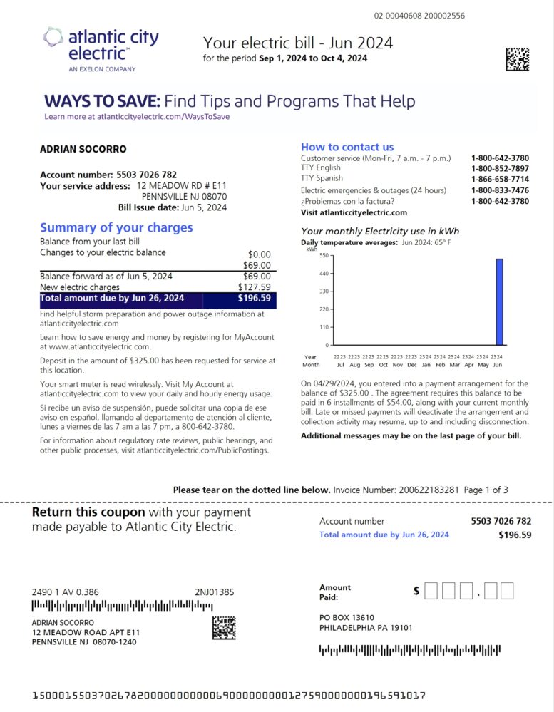 USA Atlantic City Electric Electricity Bill Word And PDF Template 3 Pages