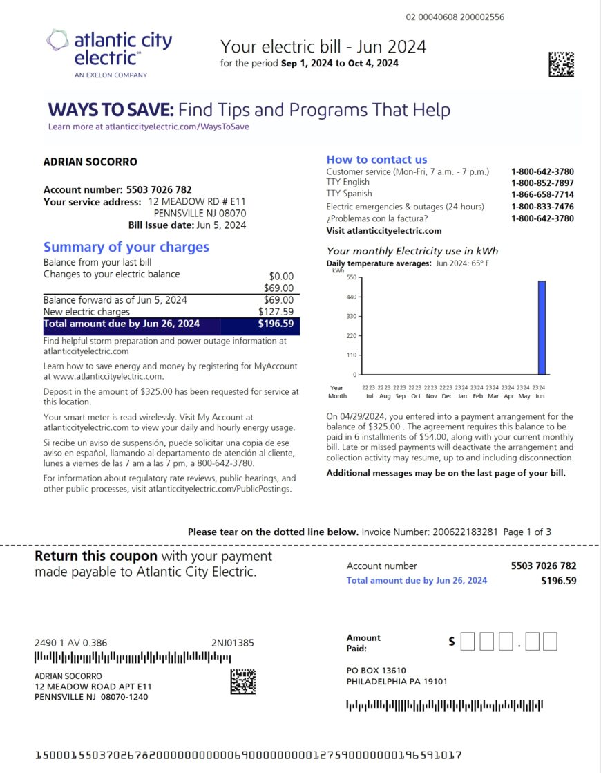 USA Atlantic City Electric Electricity Bill Word And PDF Template 3 Pages