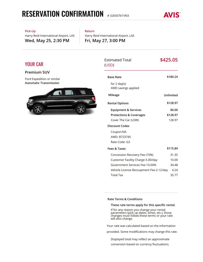 USA Avis Car Rental Reservation Confirmation Word And PDF Template 5 Pages