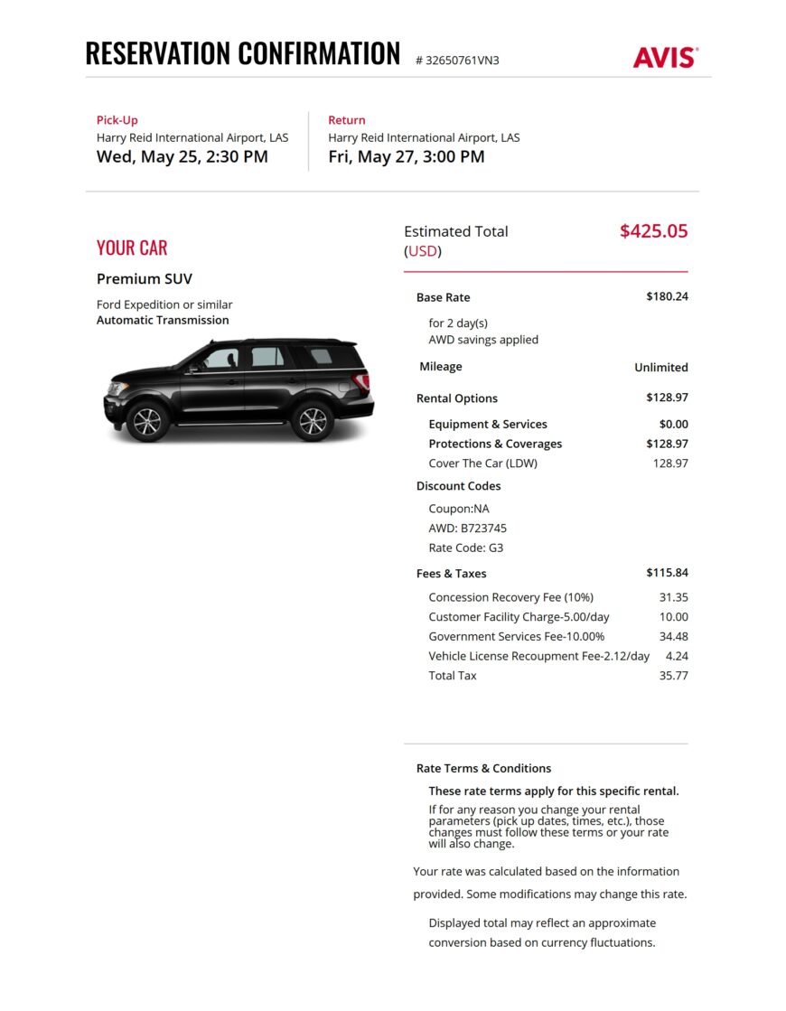 USA Avis Car Rental Reservation Confirmation Word And PDF Template 5 Pages