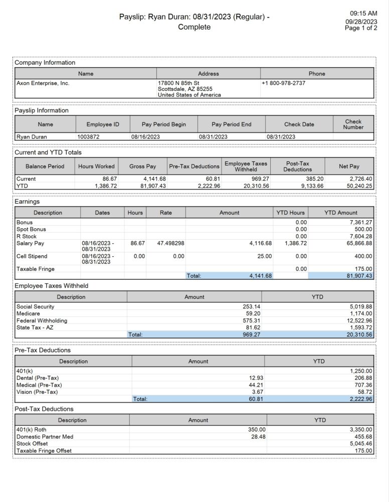 USA Axon Enterprise Inc Payslip WOrd And PDF Template 6 Pages