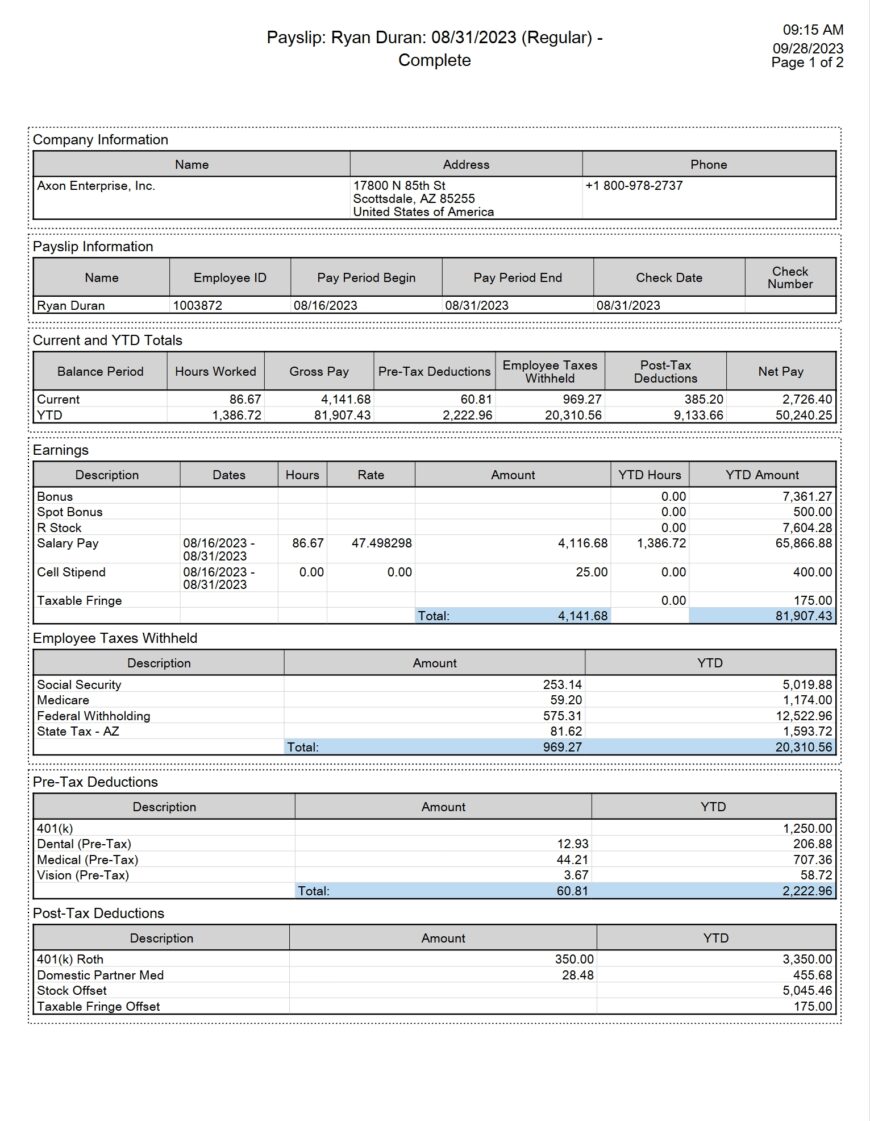 USA Axon Enterprise Inc Payslip WOrd And PDF Template 6 Pages