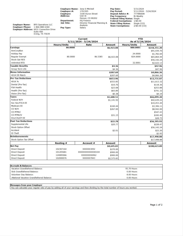 USA BFS Operations LLC Pay Stub Word And PDF Template 4 Pages