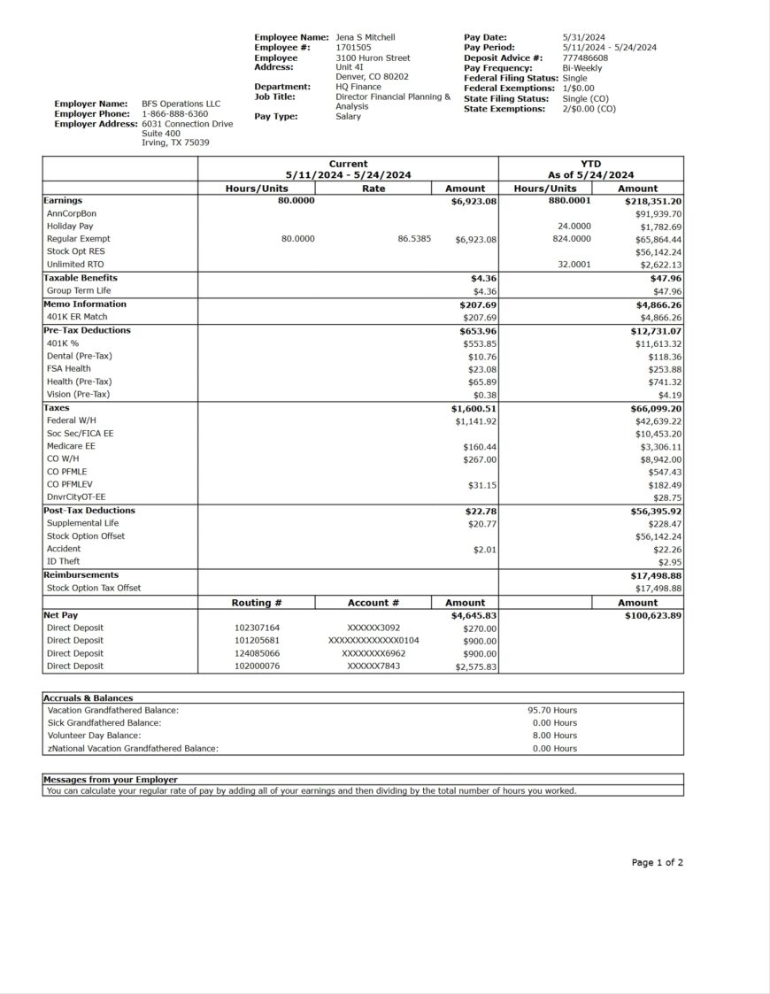 USA BFS Operations LLC Pay Stub Word And PDF Template 4 Pages
