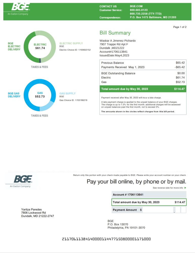USA BGE Utility Bill Word And PDF Template 4 Pages