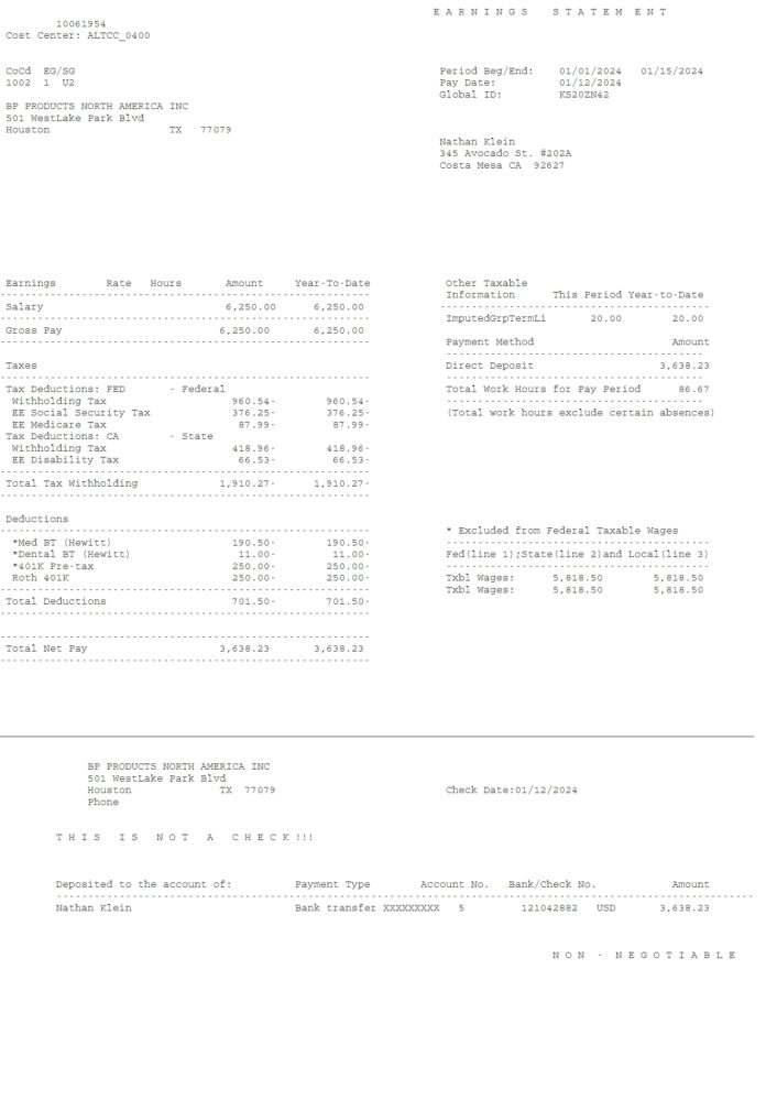 USA BP Products North America Inc Earnings Statement Word And PDF Template 3 Pages