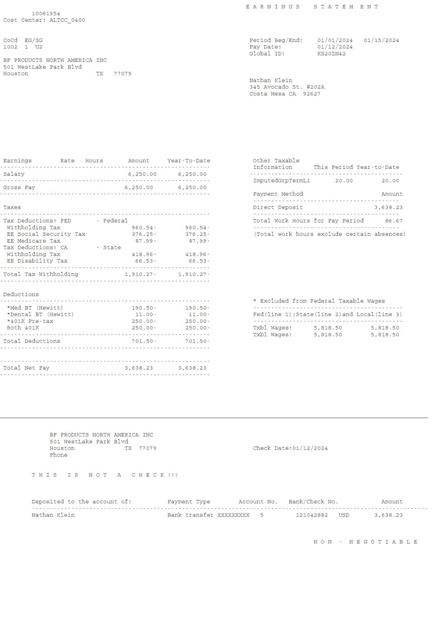 USA BP Products North America Inc Earnings Statement Word And PDF Template 3 Pages
