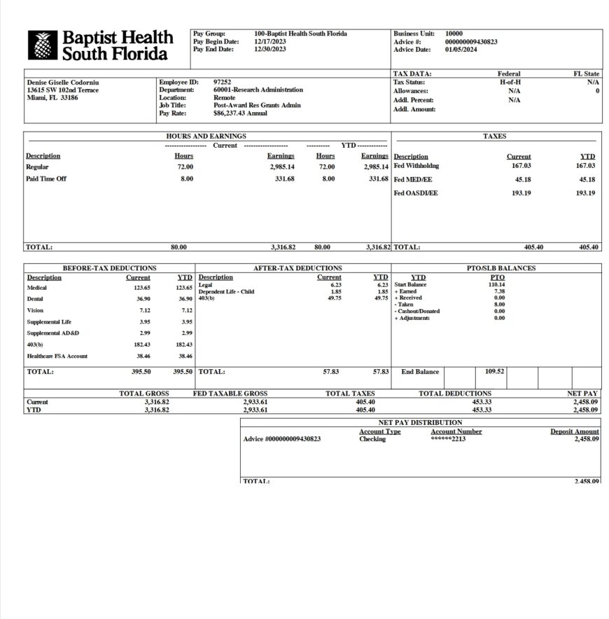 USA Baptist Health South Florida PayStub Word And PDF Template 2 Pages