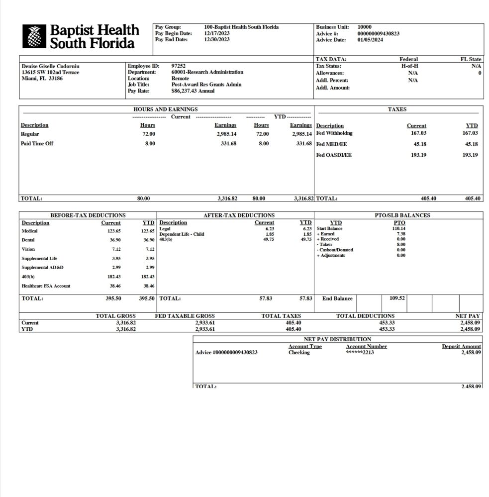 USA Baptist Health South Florida PayStub Word And PDF Template 2 Pages
