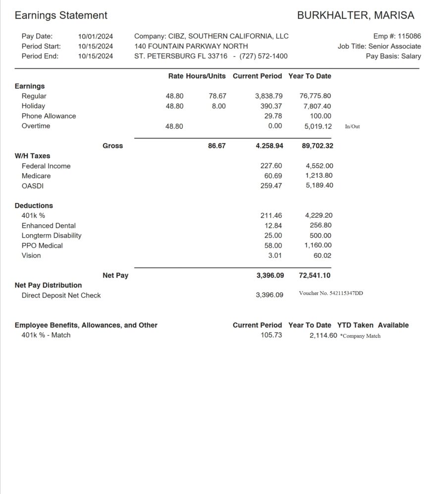 USA CBIZ Southern California Earnings Statement Word And PDF Template
