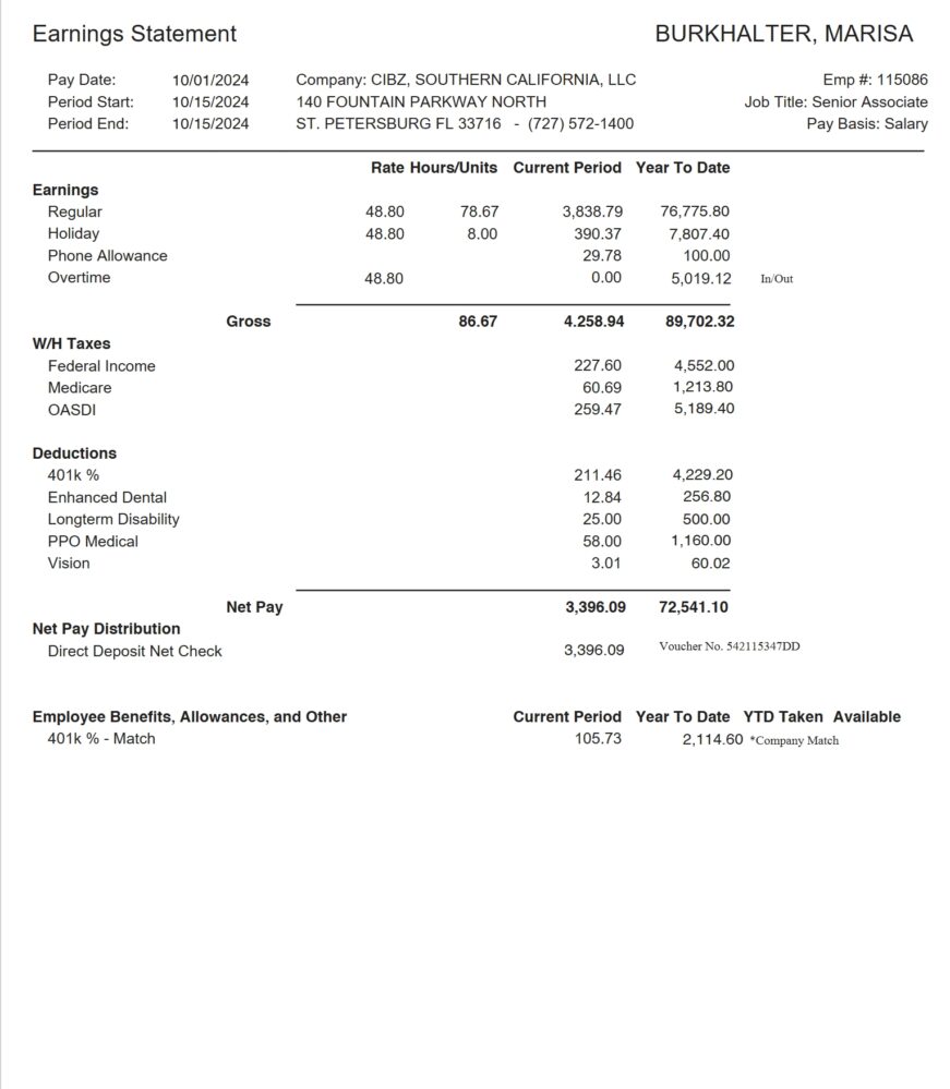USA CBIZ Southern California Earnings Statement Word And PDF Template
