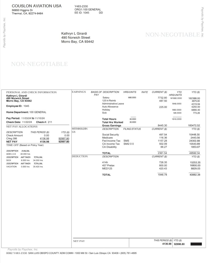 USA COUSLON AVIATION USA Pay Stub Word And PDF Template