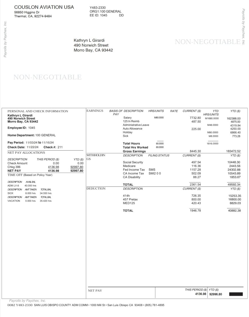 USA COUSLON AVIATION USA Pay Stub Word And PDF Template