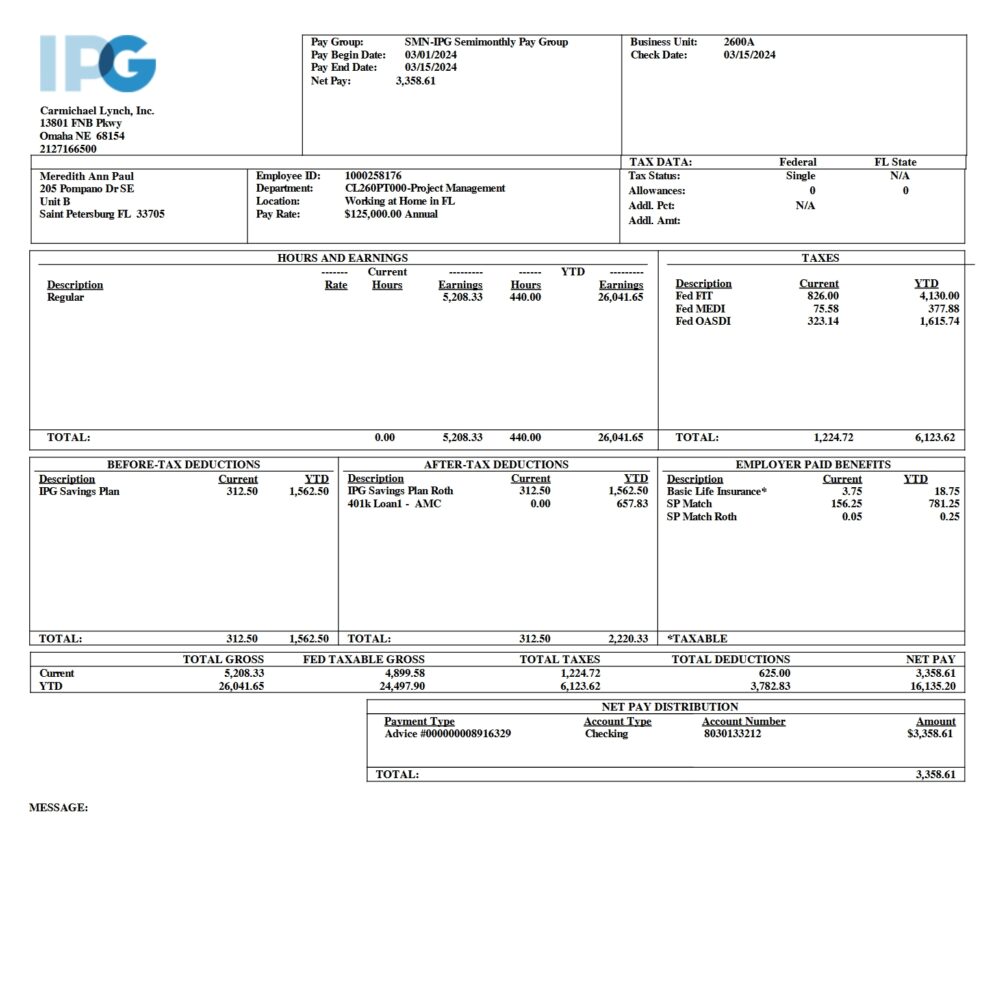 USA Carmichael Lynch Inc Pay Group Word And PDF Template 3 Pages