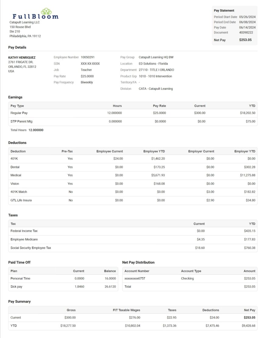 USA Catapult Learning LLC Pay Stub Word And PDF Template