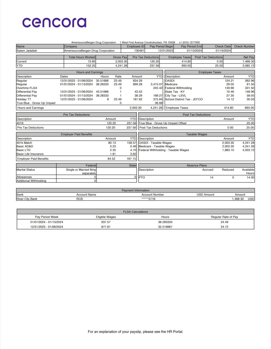 USA Cencora PayStub Word And PDF Template 2 Pages