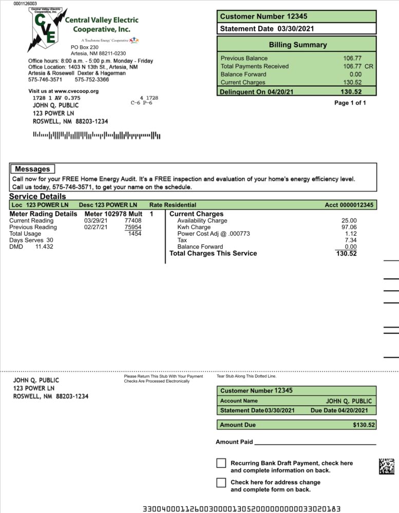 USA Central Valley Electric Cooperative Utility Bill Word And PDF Template