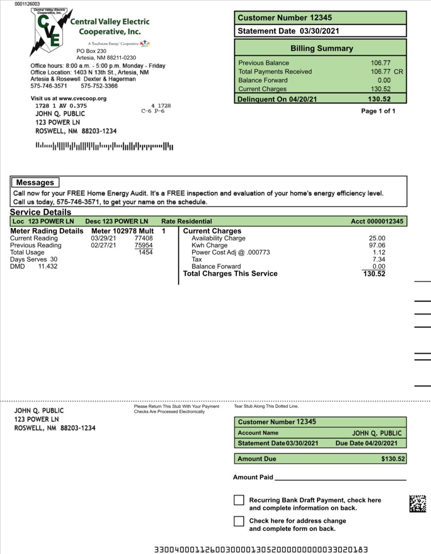USA Central Valley Electric Cooperative Utility Bill Word And PDF Template