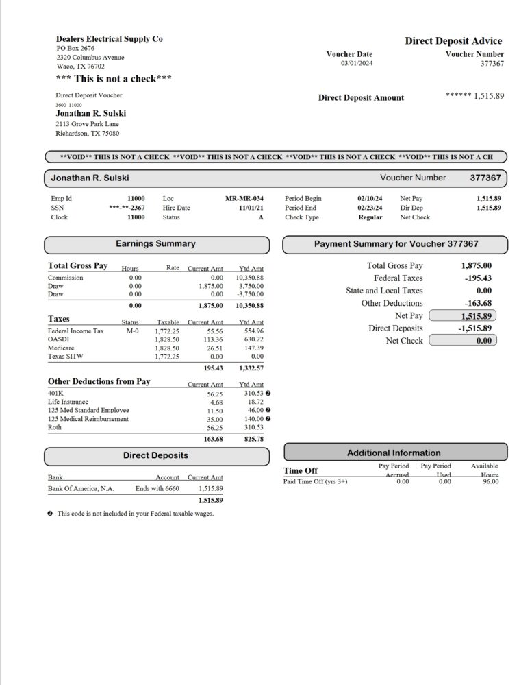 USA Dealers Electrical Supply Co Pay Stub Word And PDF Template 2 Pages