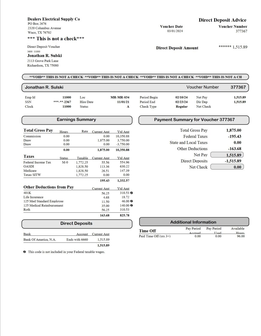 USA Dealers Electrical Supply Co Pay Stub Word And PDF Template 2 Pages