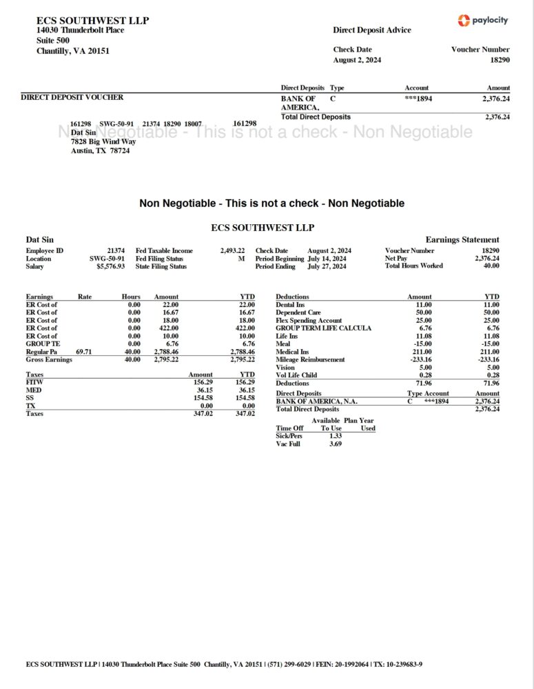 USA ECS Southwest LLP Direct Deposit Voucher Pay Slip Word And PDF Template