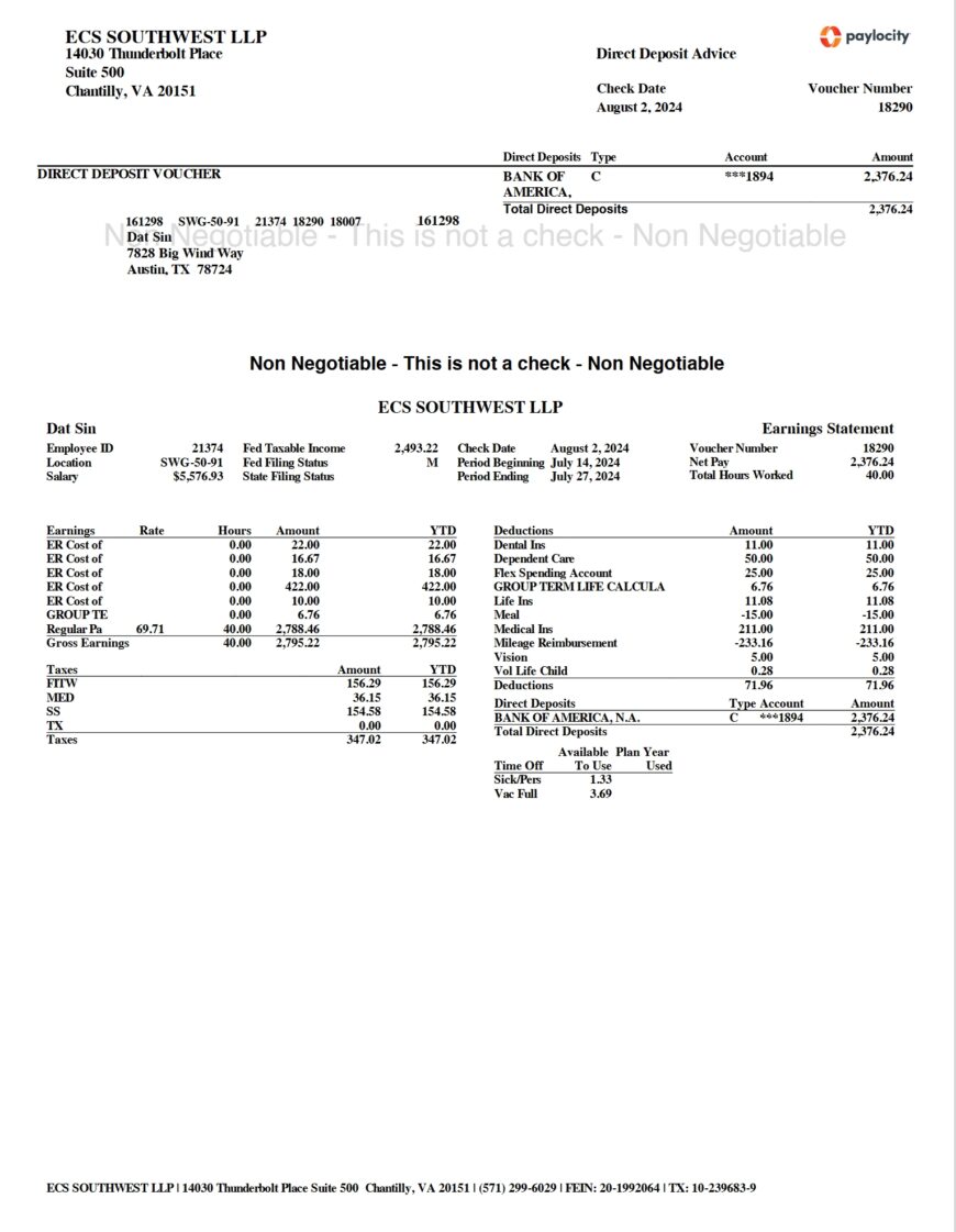 USA ECS Southwest LLP Direct Deposit Voucher Pay Slip Word And PDF Template