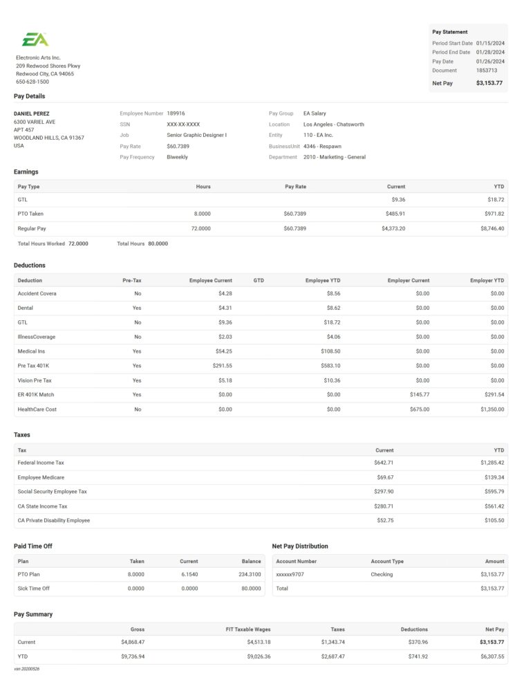 USA Electronic Arts Inc Pay Stub Word And PDF Template