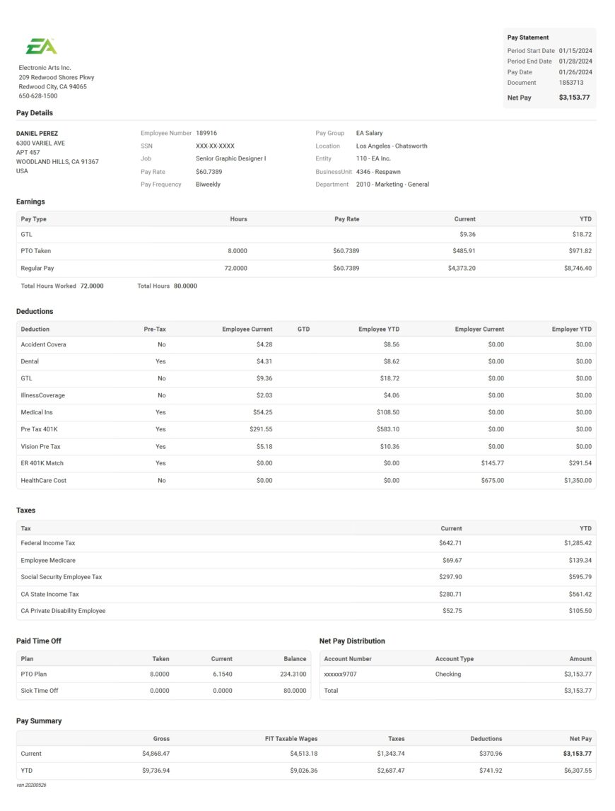 USA Electronic Arts Inc Pay Stub Word And PDF Template