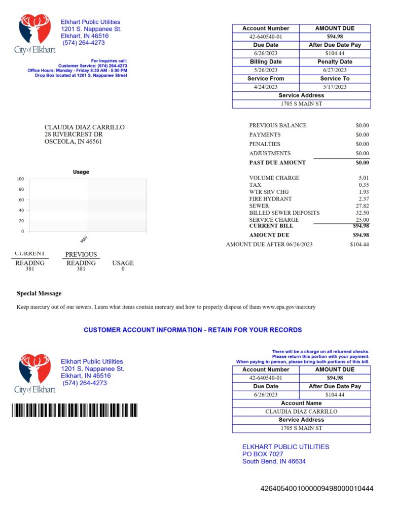 USA Elkhart Public Utilities Utility Bill Word And PDF Template
