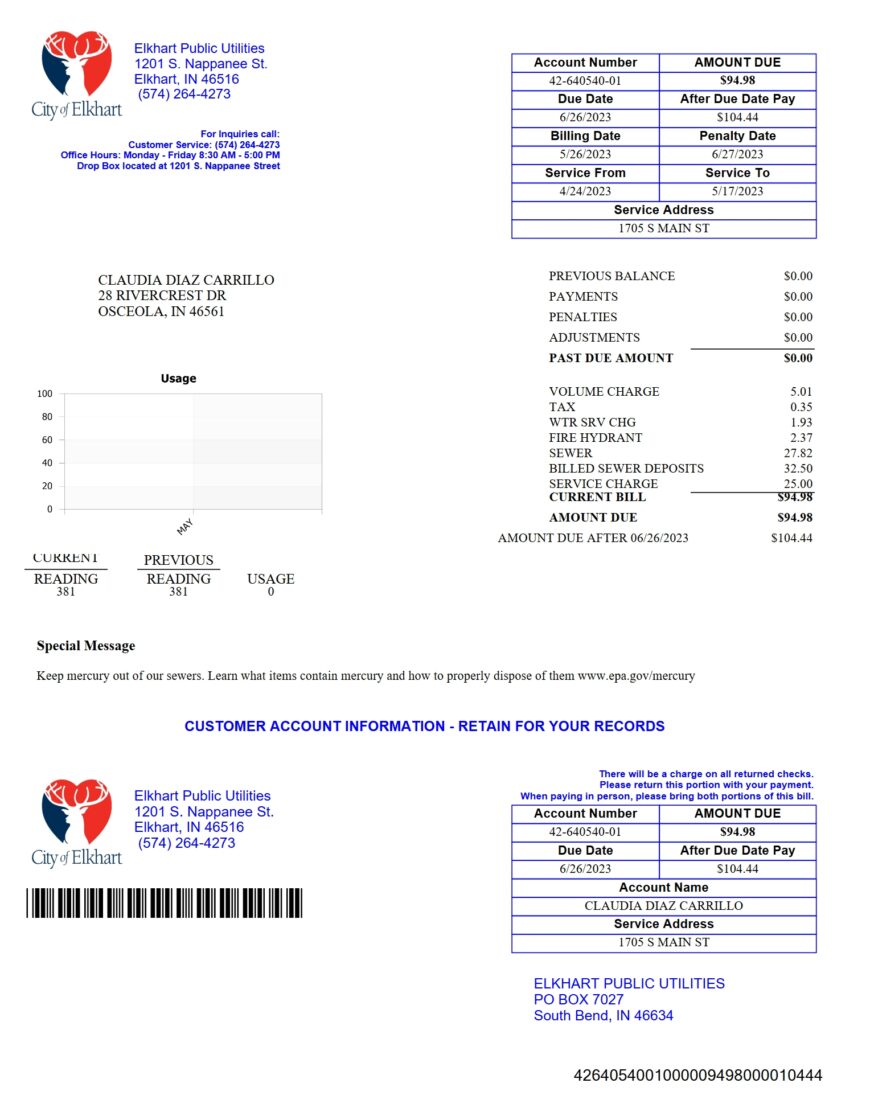 USA Elkhart Public Utilities Utility Bill Word And PDF Template