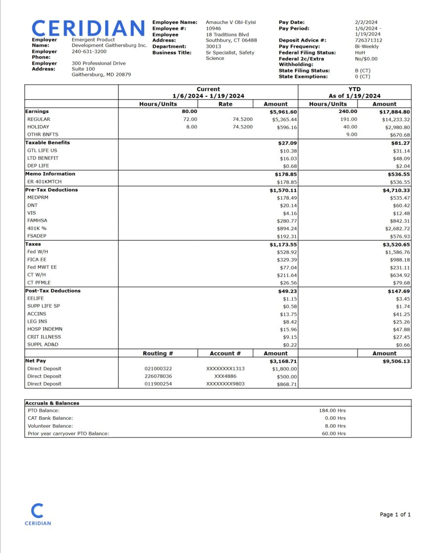 USA Emergent Product Development Gaithersburg Inc PayStub Word And PDF Template