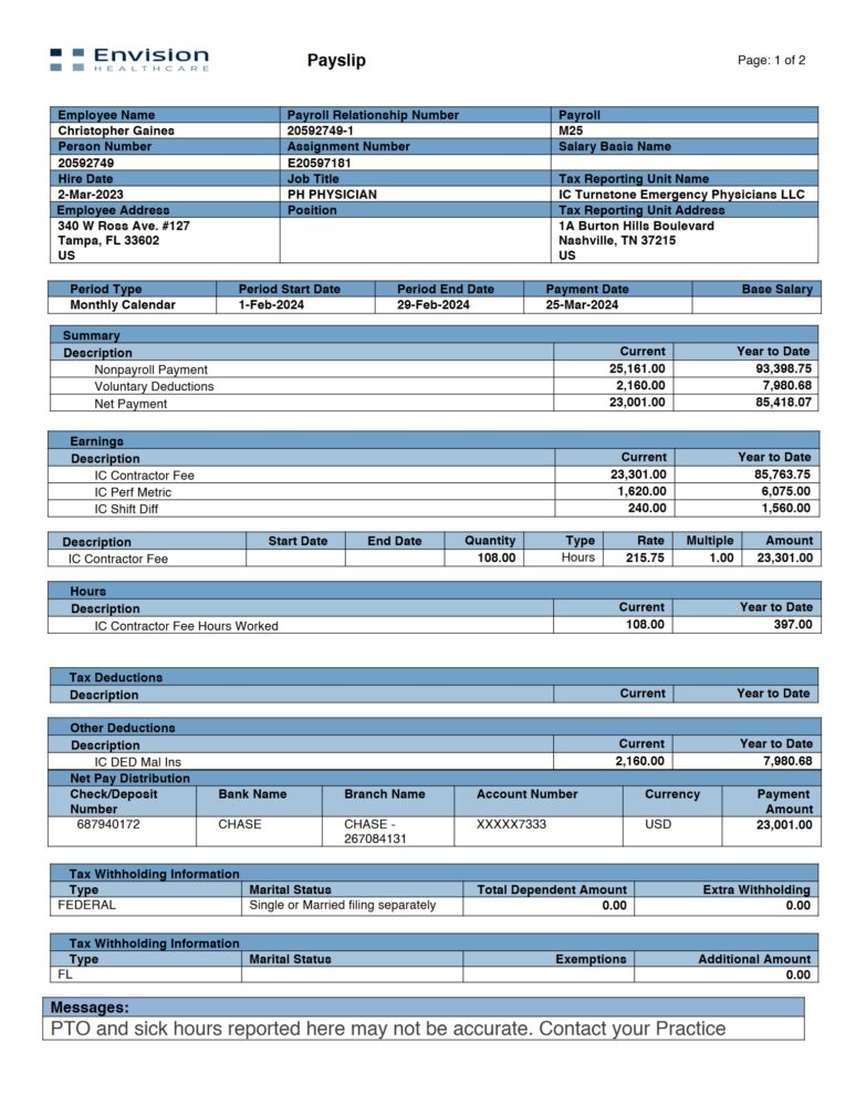 USA Envision Healthcare PayStub Word And PDF Template 6 Pages