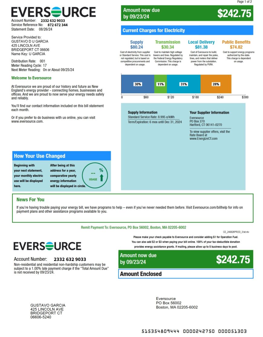 USA Eversource Electricity Bill Word And PDF Template 2 Pages