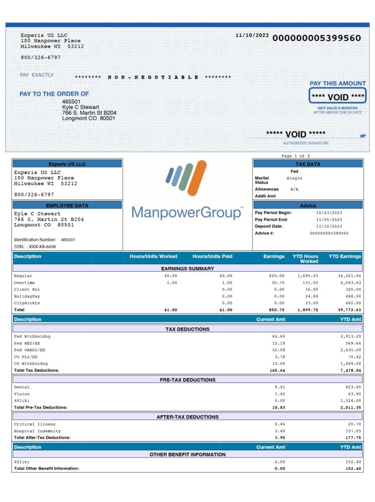 USA Experis US LLC Pay Stub Word And PDF Template 2 Pages